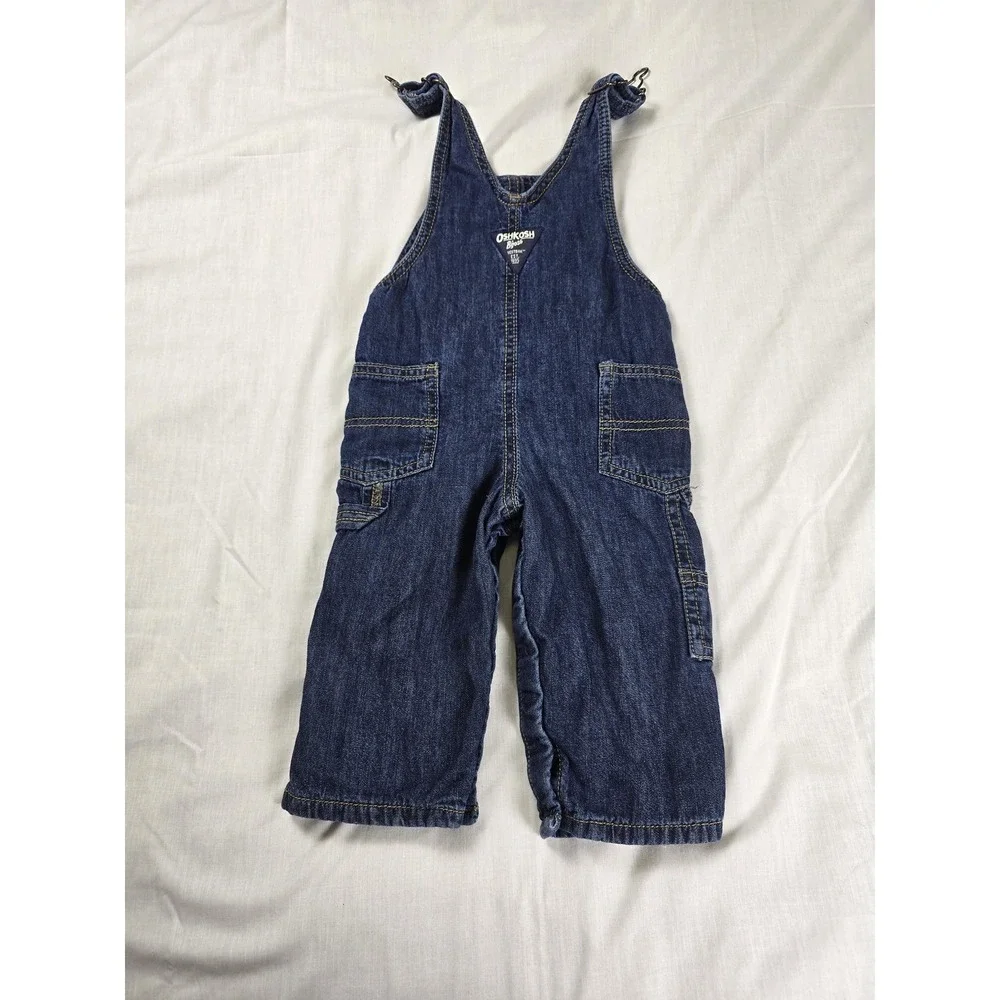 OshKosh B'gosh Overalls Baby Boys 9M‎ Blue Denim Vestbak Lined Plaid Snaps